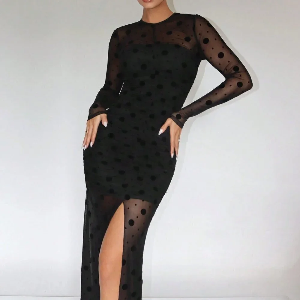 Black Preppy Womens Polka Dot Print Split Thigh Mesh Dress_3